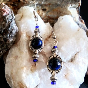 Blue Tigers Eye Spinner Dangle Boho Earrings